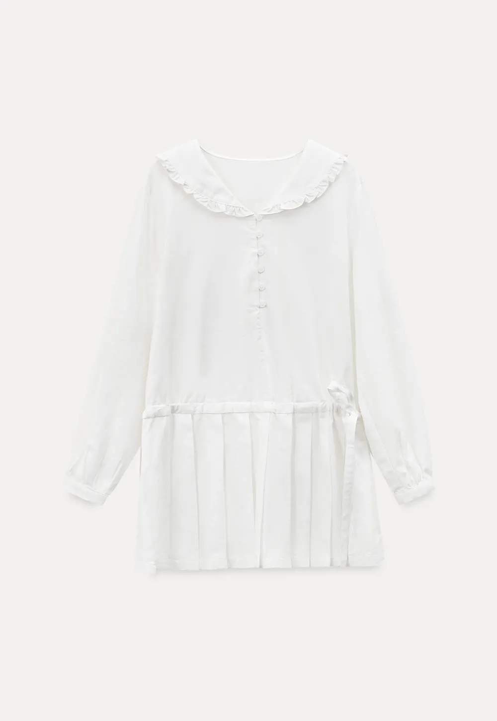 Pleated Hem Long Sleeve Blouse with Ruffled Collar