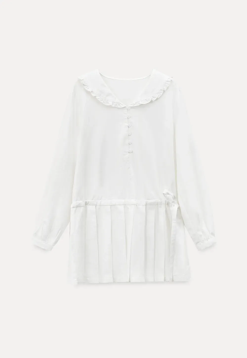 Pleated Hem Long Sleeve Blouse with Ruffled Collar