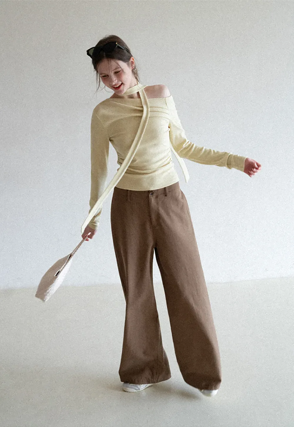 Long sleeve off shoulder top with neck tie detail