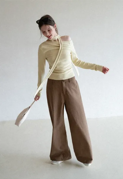 Long sleeve off shoulder top with neck tie detail