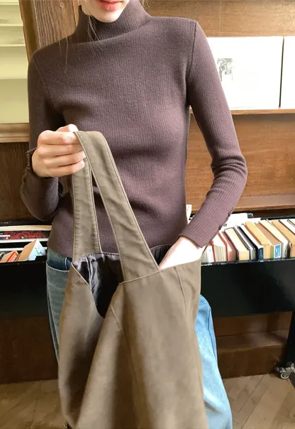 Elegant High Neck Knit Sweater with Button Detail Sleeve