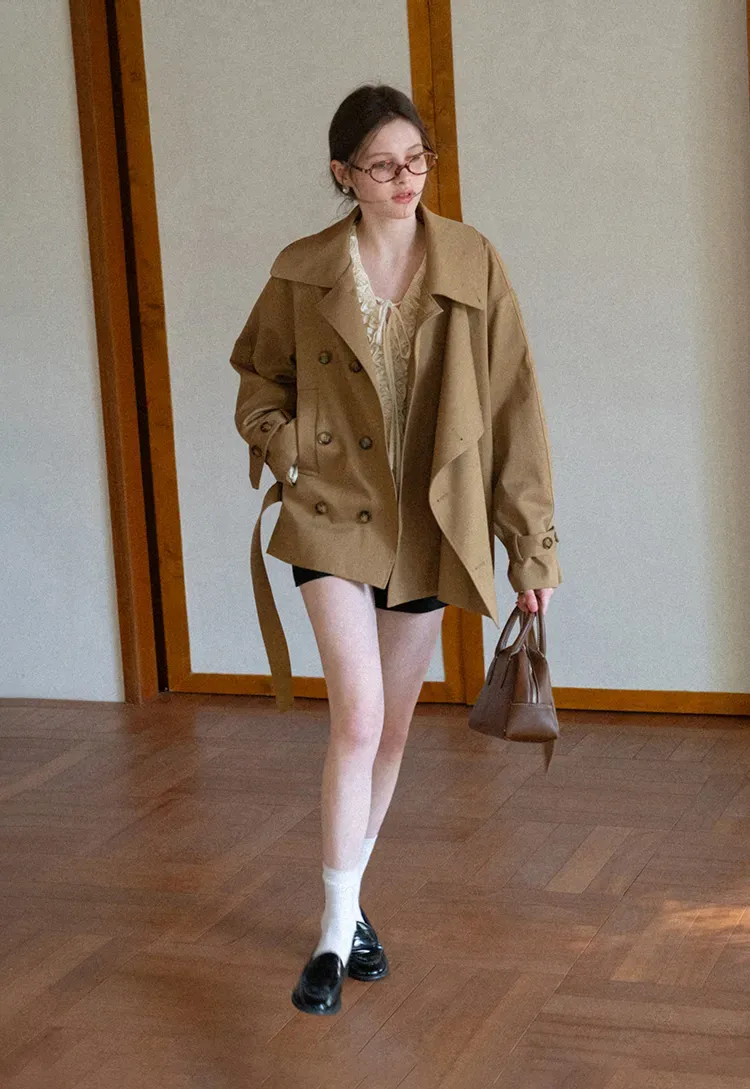 Double Breasted Short Jacket with Belted Waist