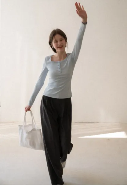 Long sleeve henley top with front buttons