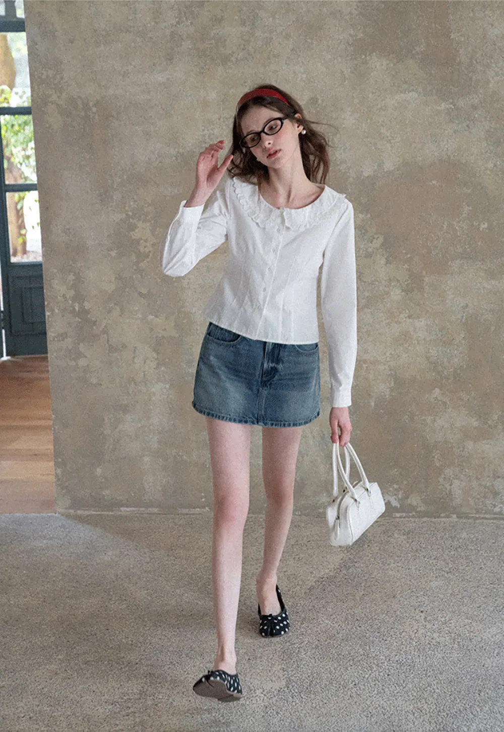 Long sleeve button front shirt with lace collar