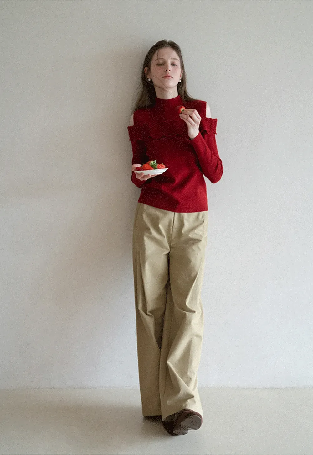 Elegant Off Shoulder Knit Sweater with Wave Detail