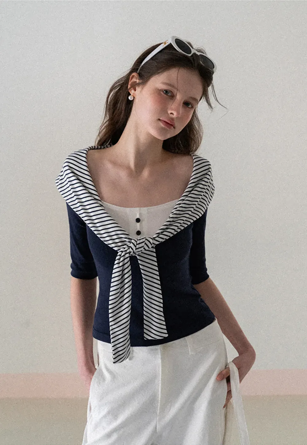 Striped collar tie front short sleeve top