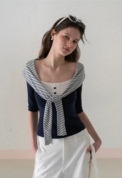 Striped collar tie front short sleeve top