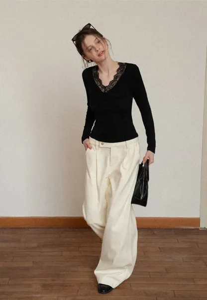 Elegant Black Lace-Trimmed Long Sleeve Top