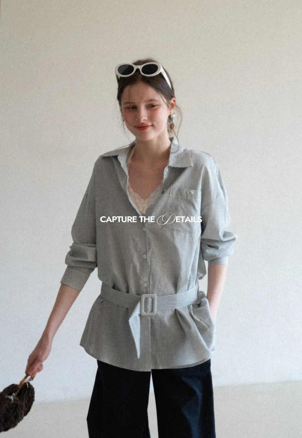 Striped Shirt with Belt and Lace Trim Tank Top