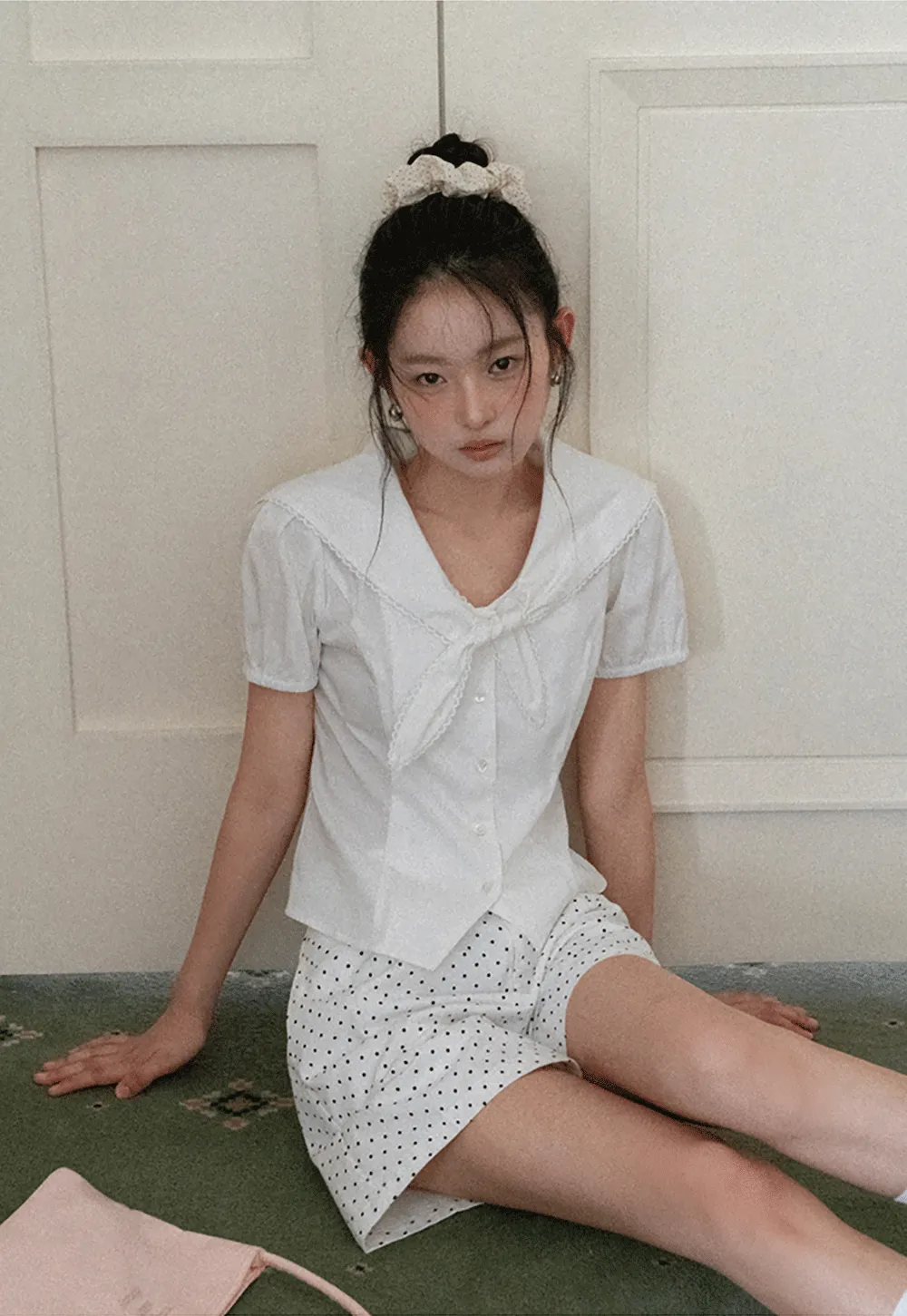 Short Sleeve Shirt with Collar and Bow Detail