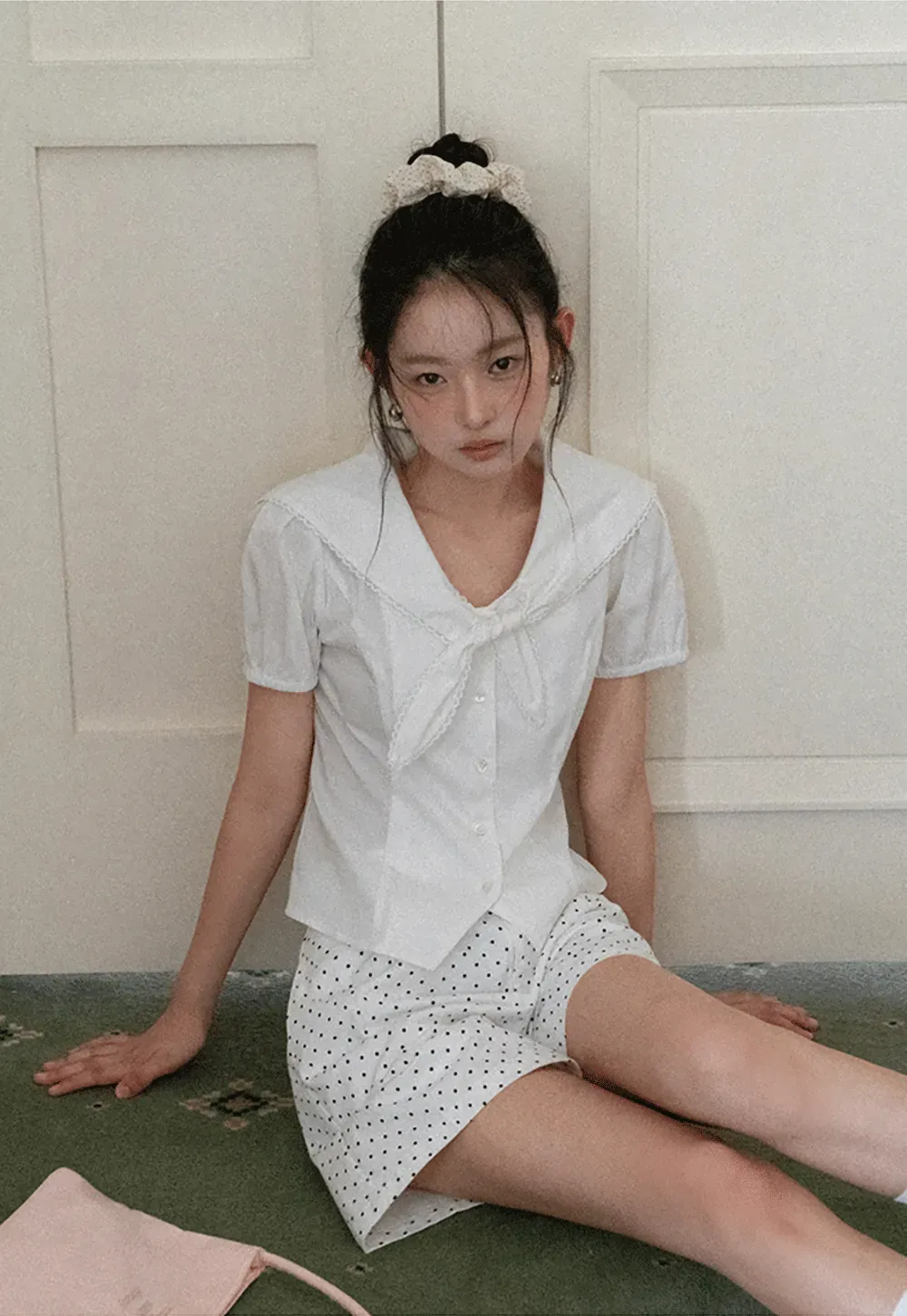 Short Sleeve Shirt with Collar and Bow Detail