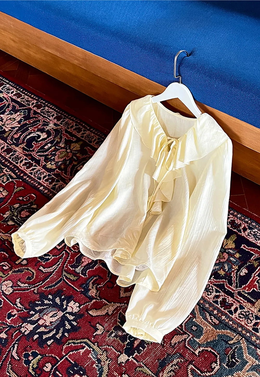 Ruffled Collar Long Sleeve Blouse with Tie Front