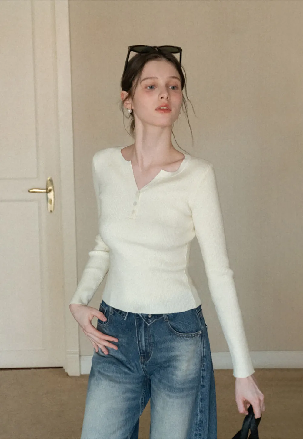 Elegant Henley Knit Top with Button Detail