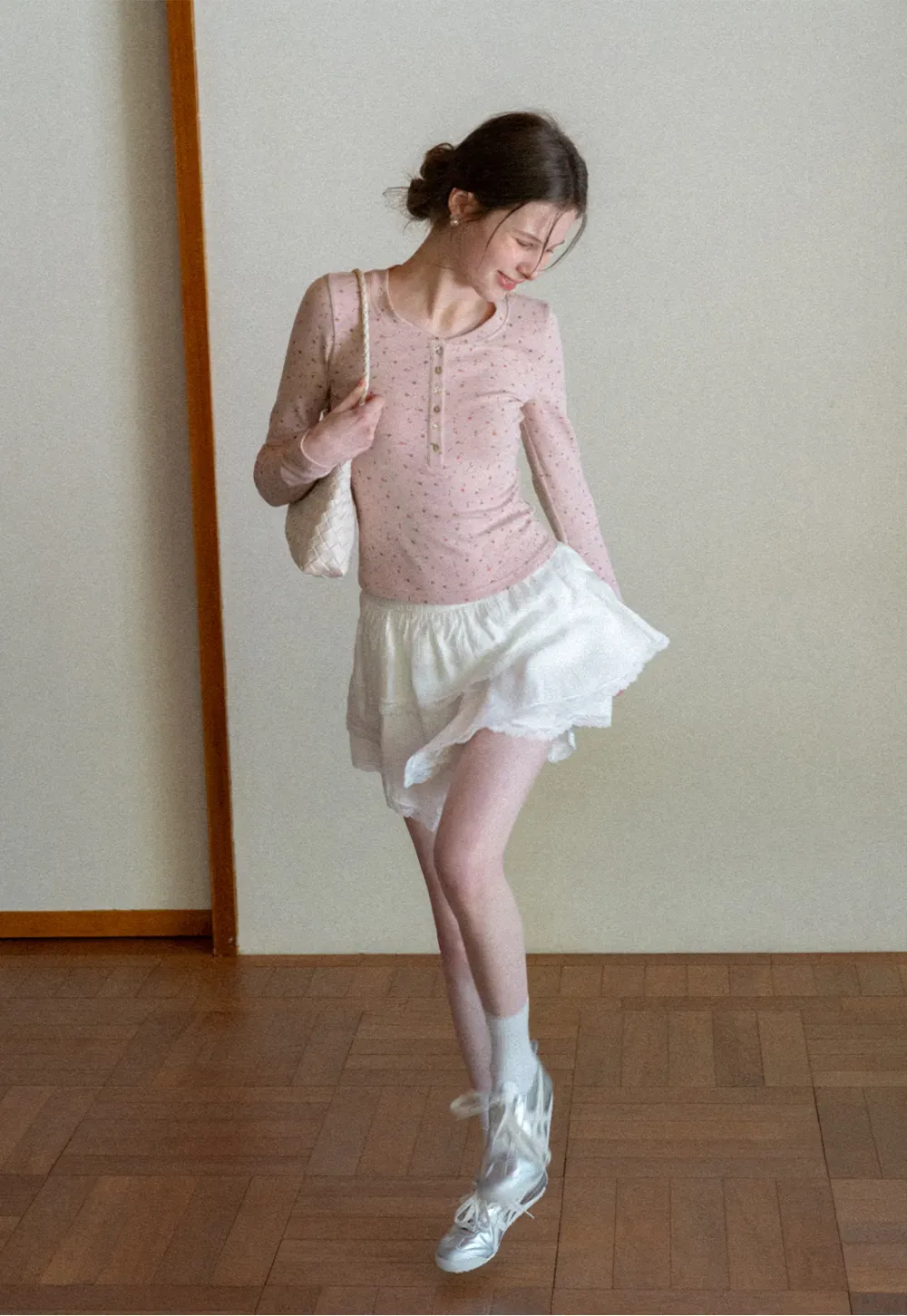 Long sleeve button front top with floral print