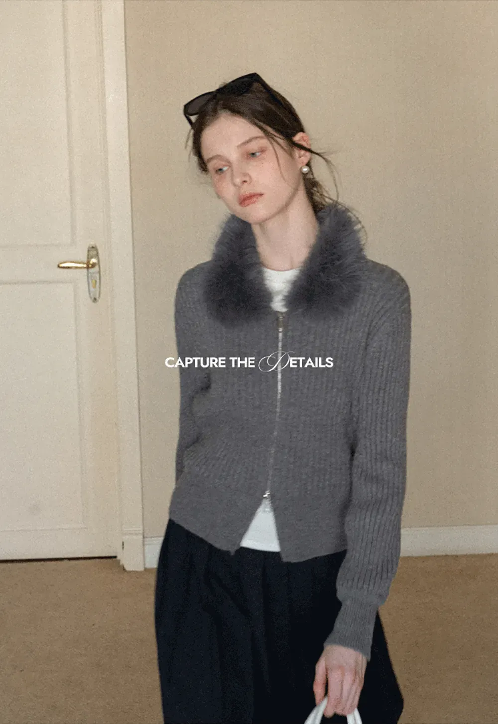 Ribbed knit sweater with fur collar detail