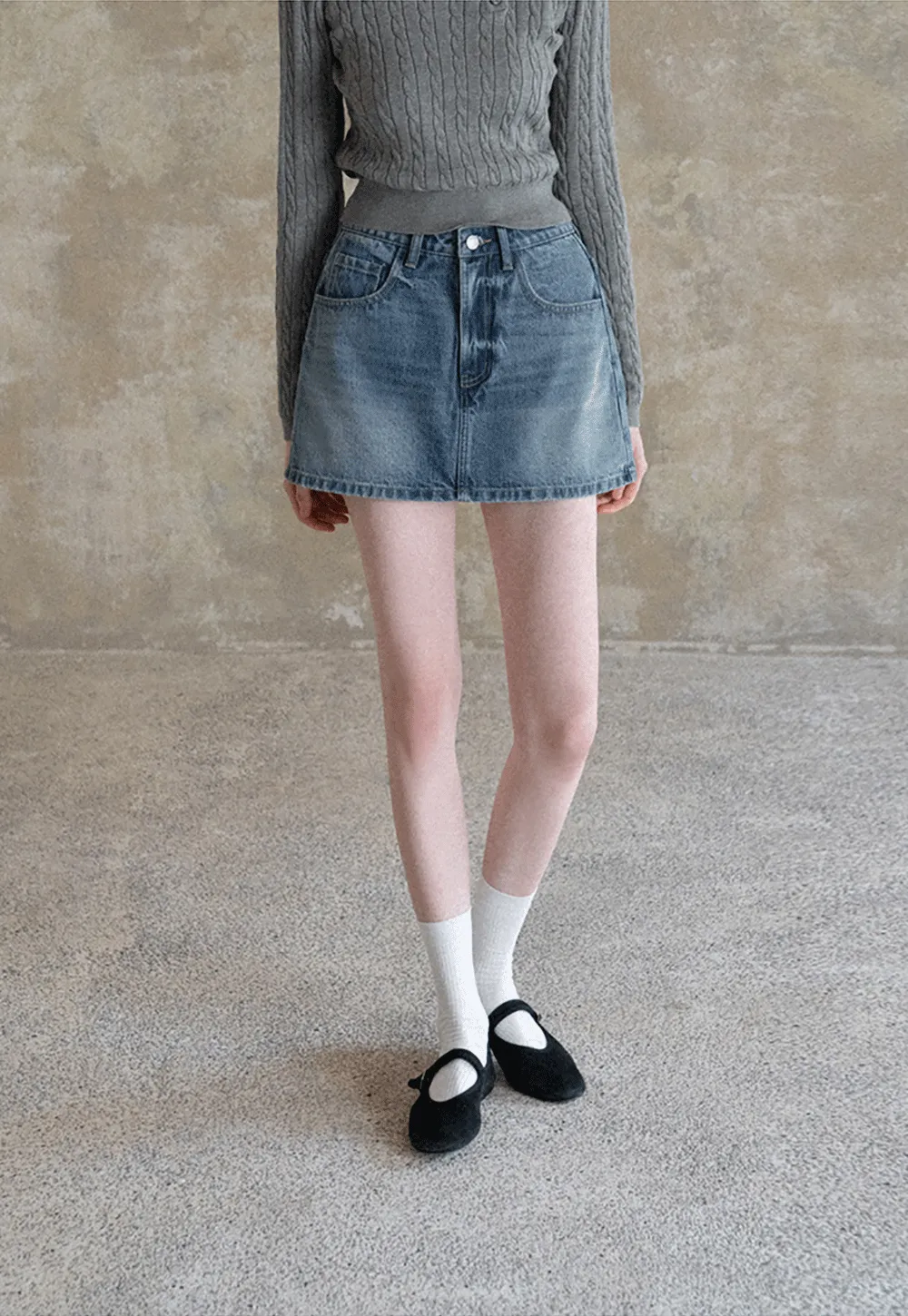 Denim Mini Skirt with Front Pocket and Frayed Hem
