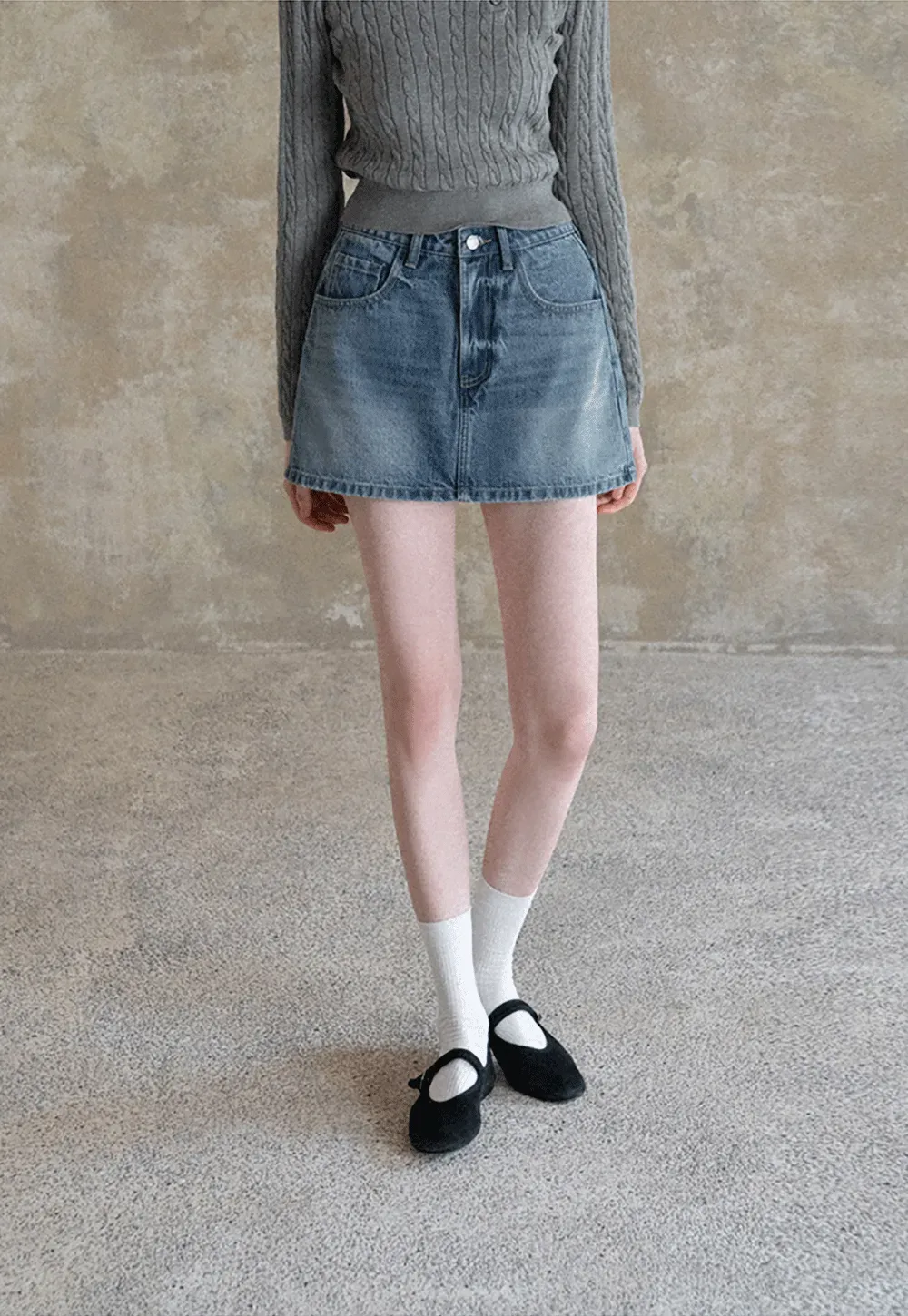 Denim Mini Skirt with Front Pocket and Frayed Hem