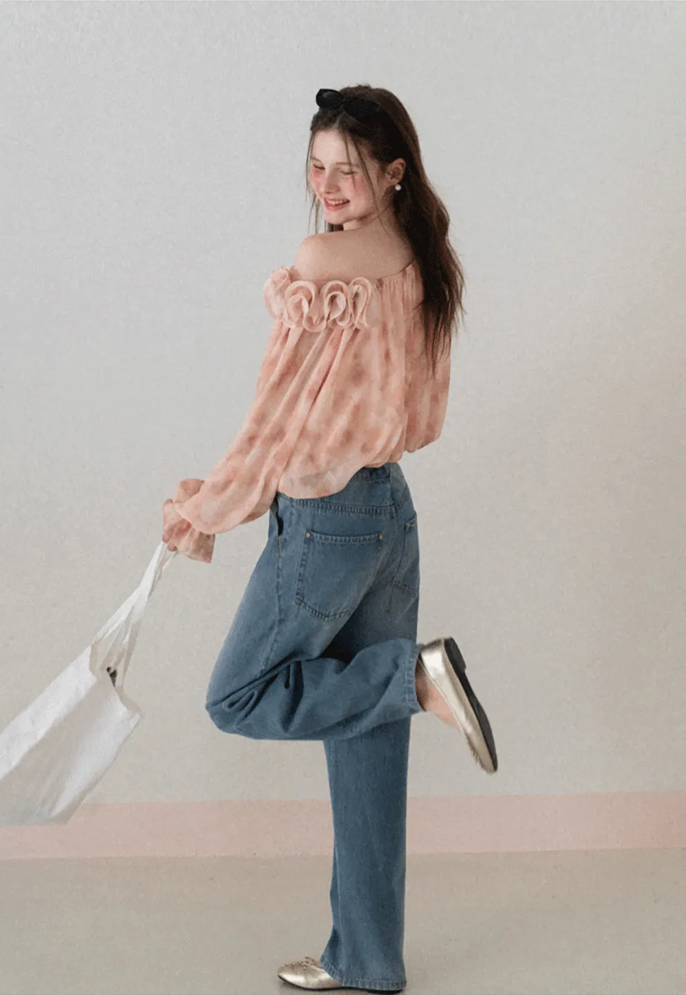 Off Shoulder Ruffled Lace Chiffon Blouse