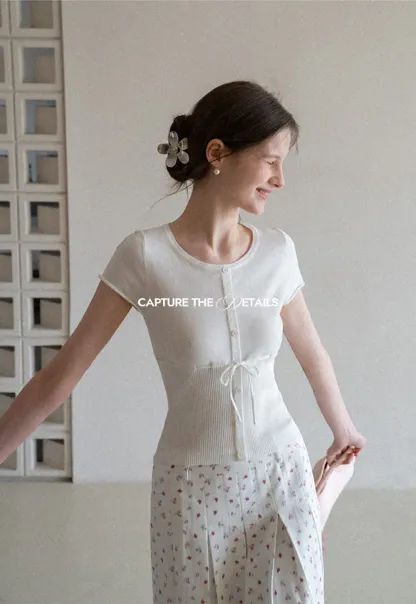 Short Sleeve Knit Cardigan with Front Buttons and Waist Tie