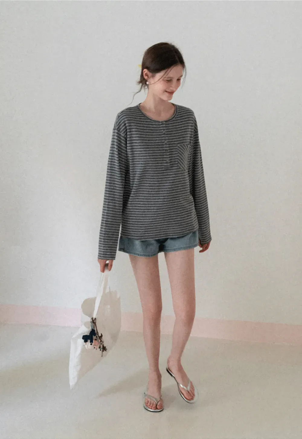 Long sleeve striped henley shirt with chest pocket