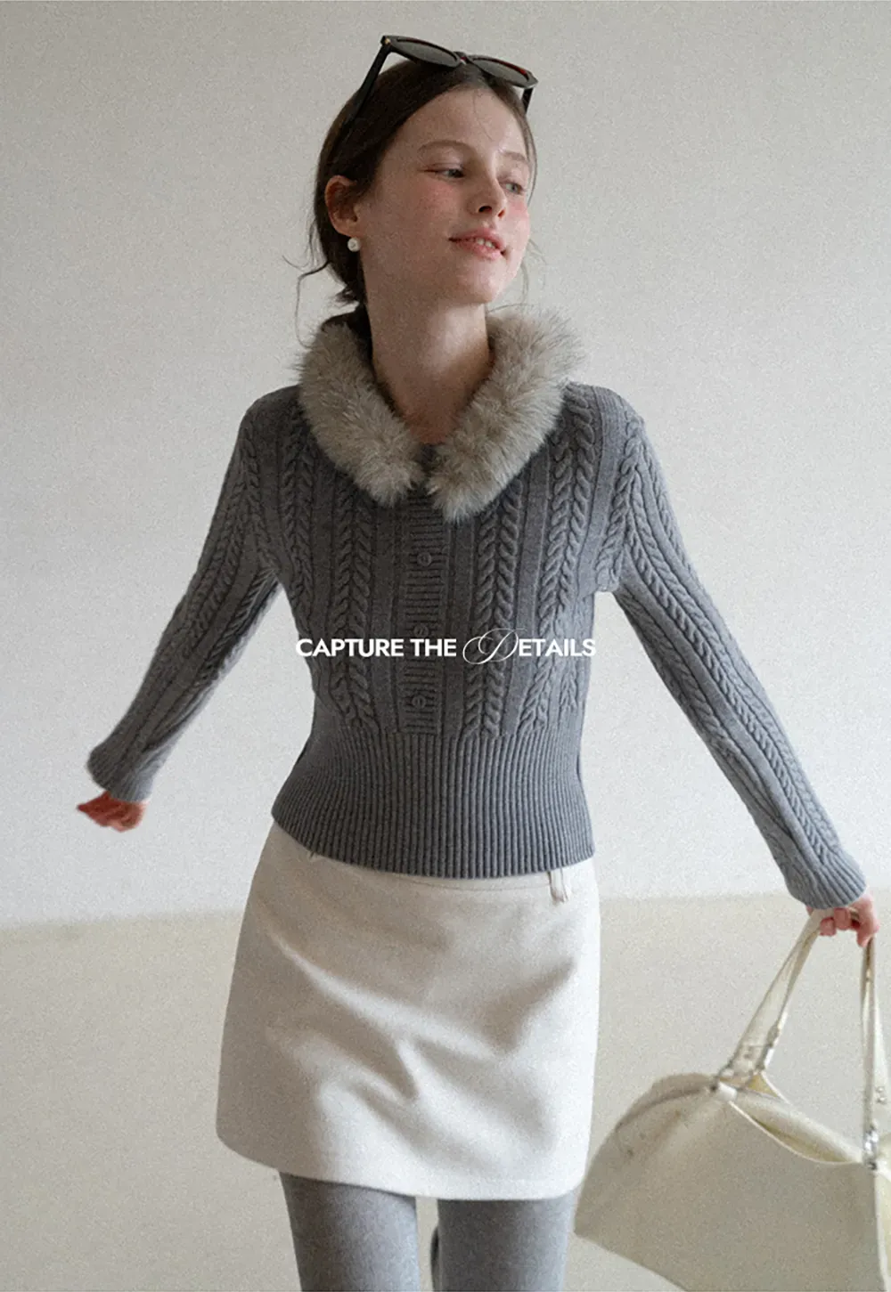 Cable Knit Sweater with Fur Collar Design