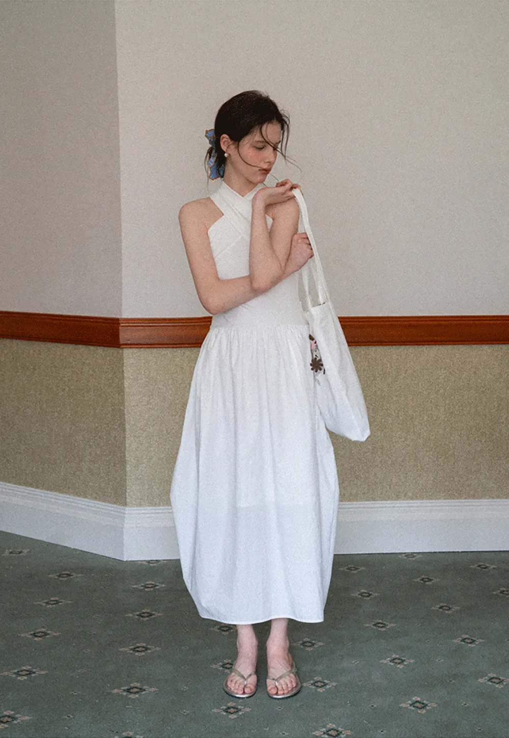 Halter Neck A Line Midi Dress with Pleated Skirt