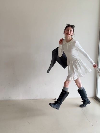 Elegant Long Sleeve Dress with Lace Trim and Flared Skirt