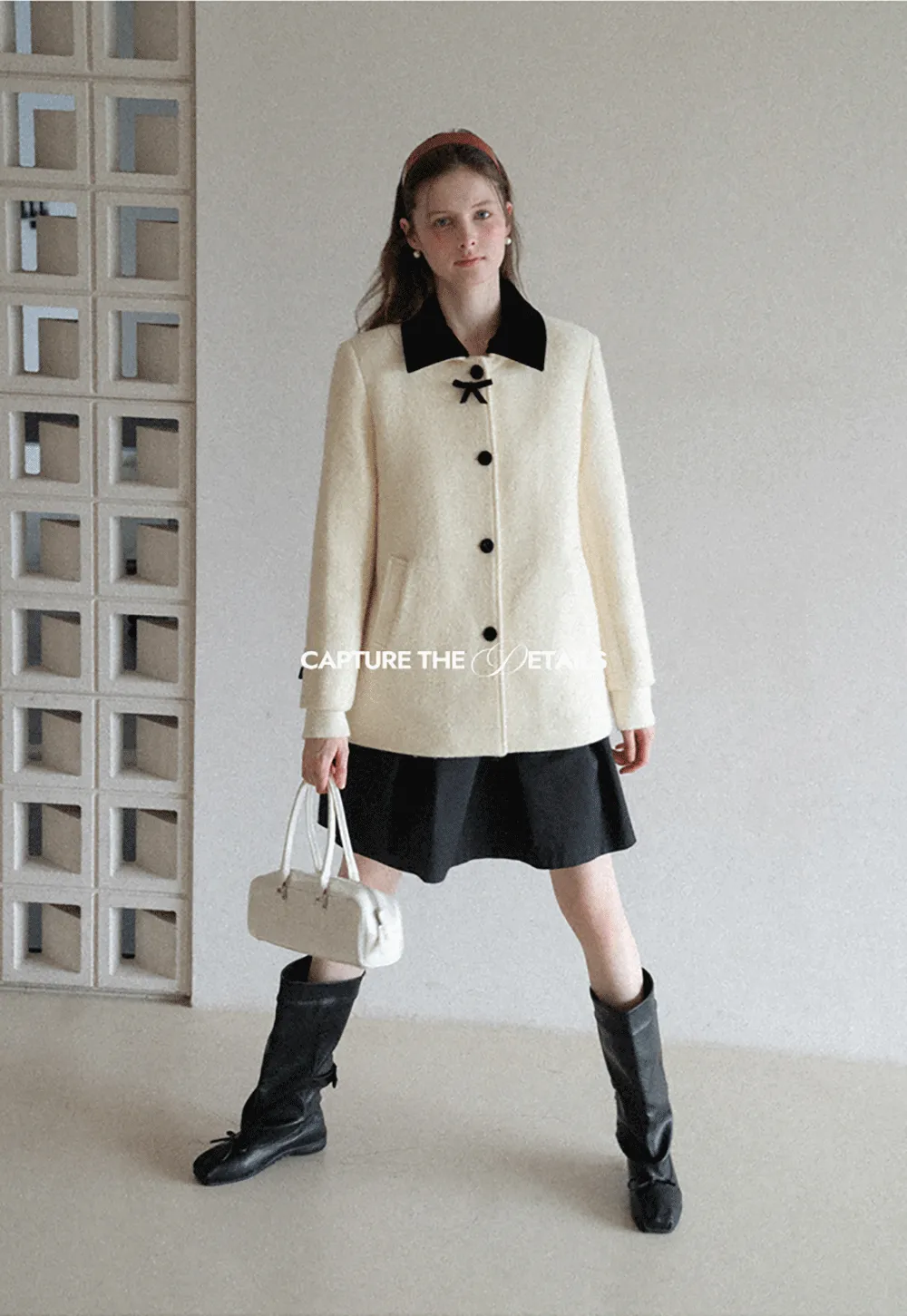 Elegant Wool Coat with Bow Detail and Contrasting Collar