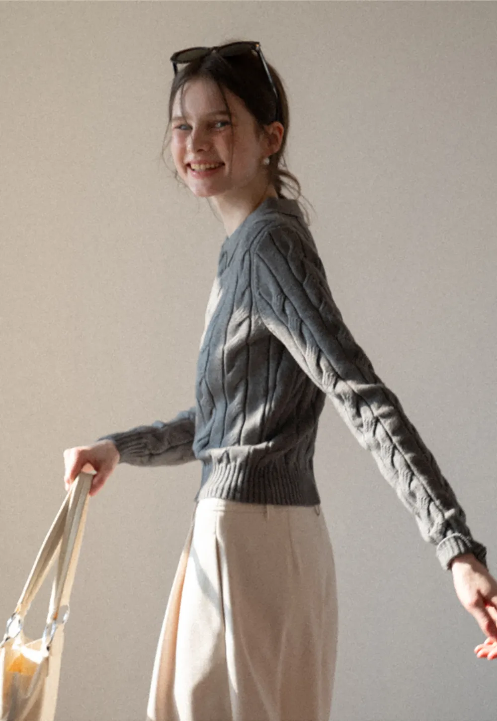 Cable Knit Crop Sweater with Collar