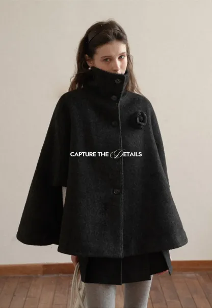 Wool Cape with High Neck Design