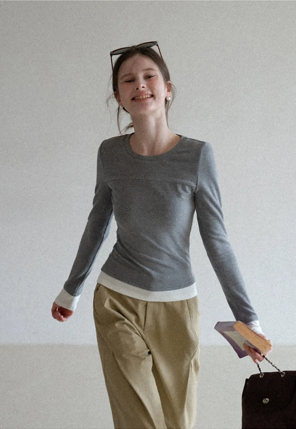 Long sleeve round neck layered t shirt design top