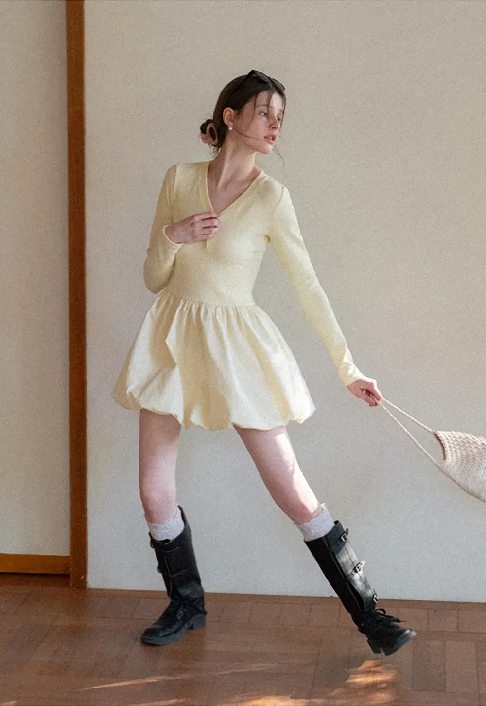 V neck long sleeve dress with flared skirt