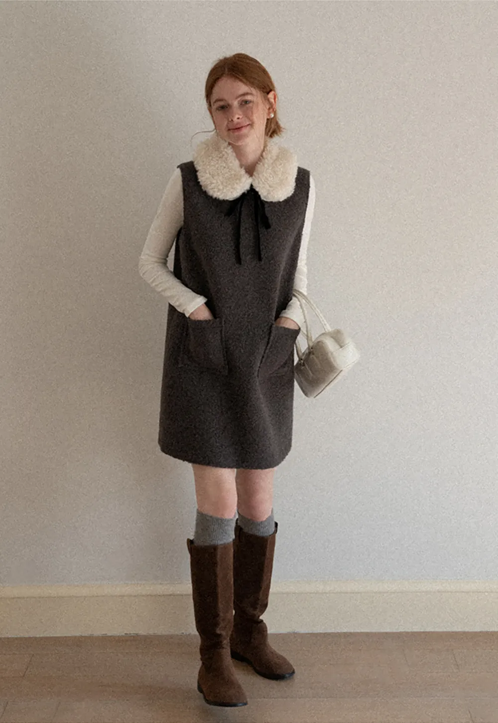 Wool Blend Sleeveless Dress with Faux Fur Collar