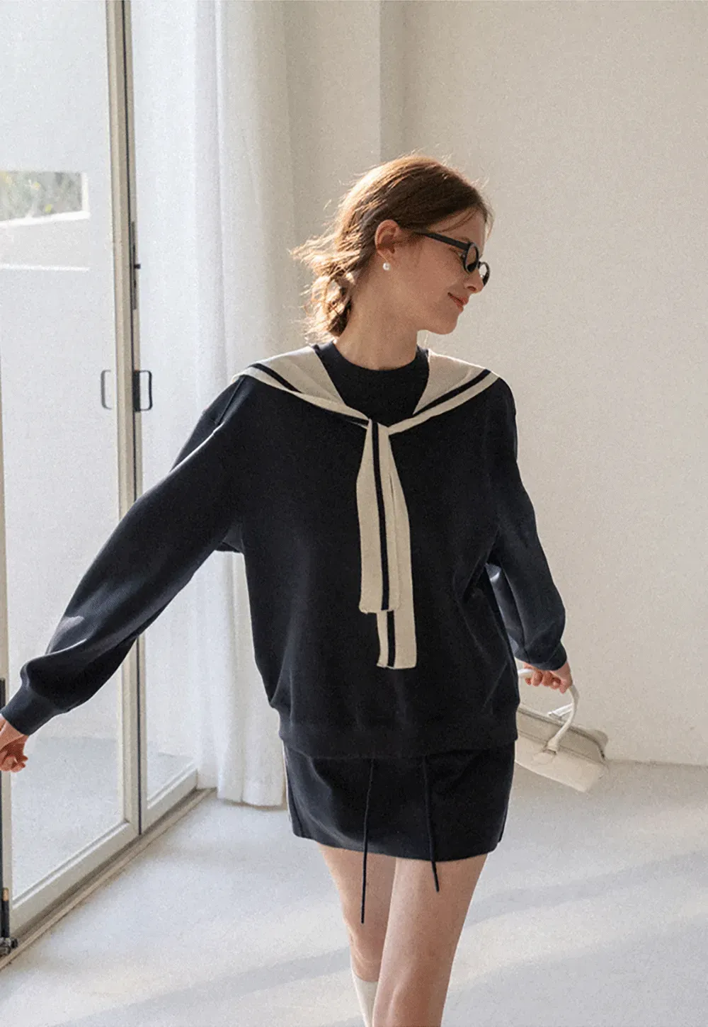 Sailor collar sweatshirt scarf shawl skirt set