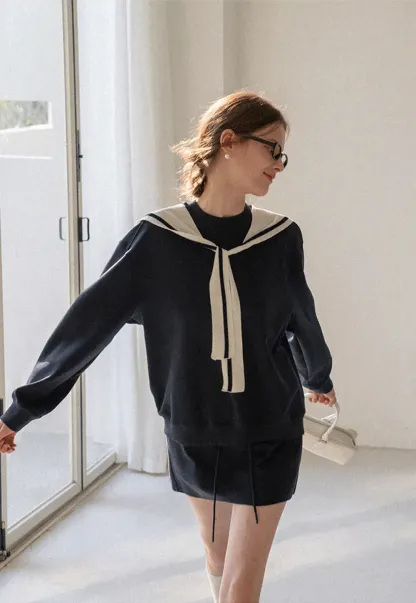 Sailor collar sweatshirt scarf shawl skirt set