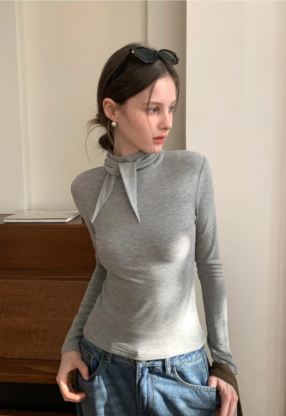 Tie Neck Long Sleeve T-Shirt Top