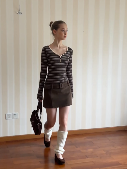 Women Striped Long Sleeve V-Neck Top