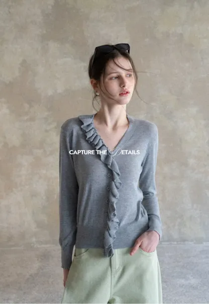 Lightweight Long Sleeve Knit Sweater with Ruffled Trim