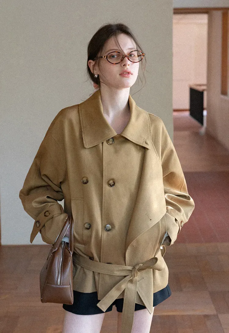 Double Breasted Short Jacket with Belted Waist