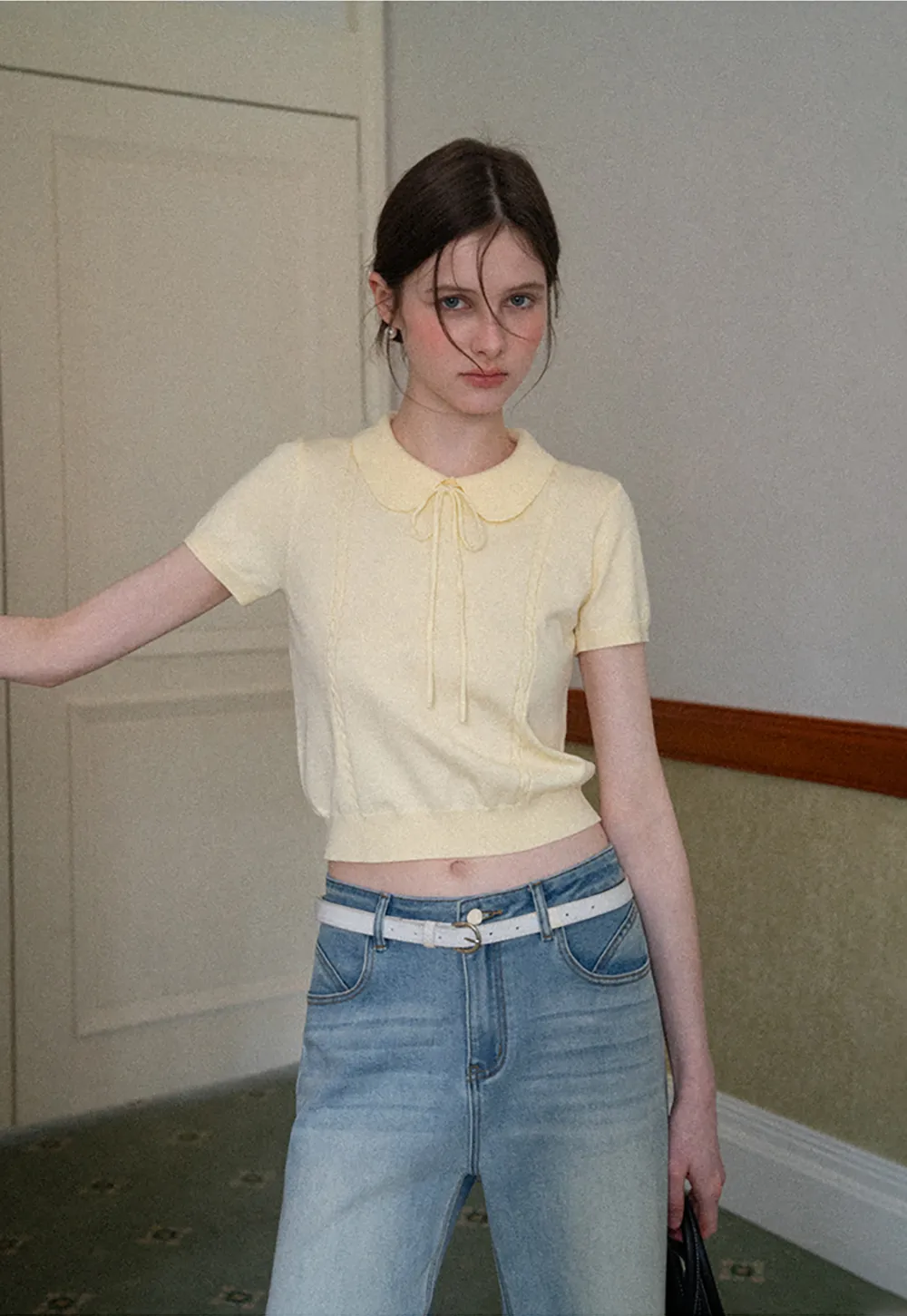 Short Sleeve Knit Top with Collar and Drawstring