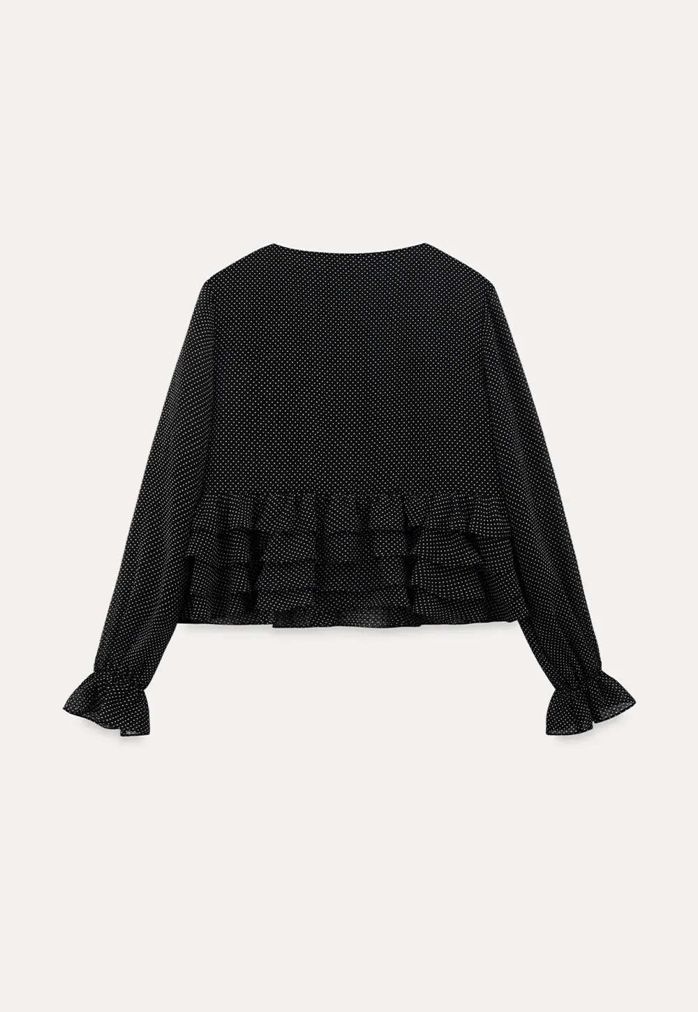 Polka Dot Sheer Blouse with Ruffled Hem and Tie Neck