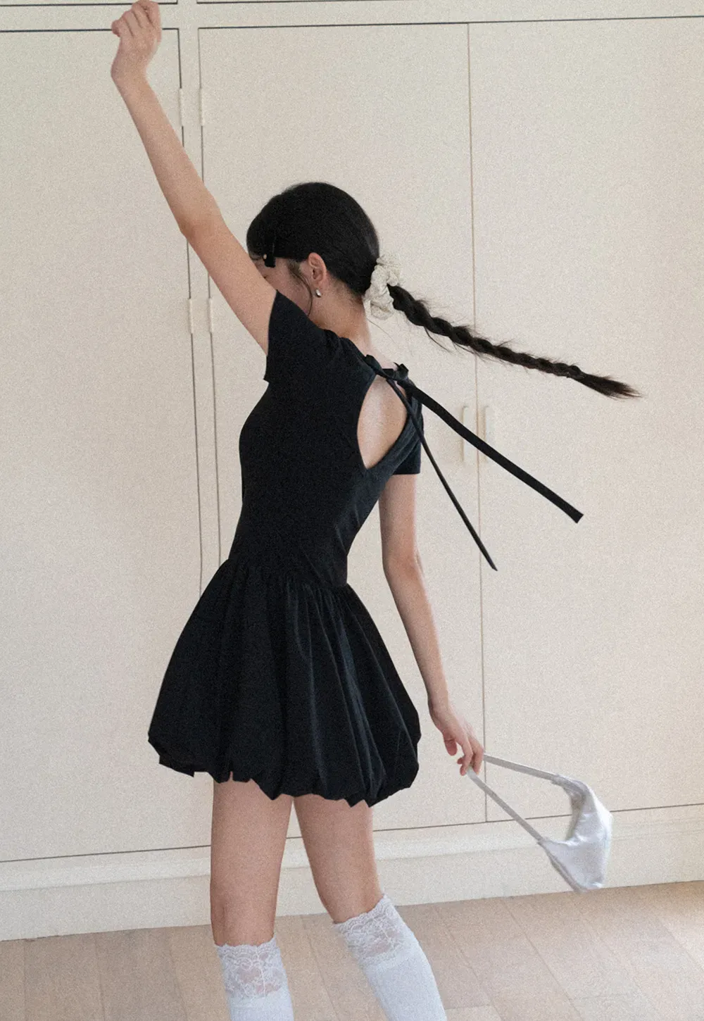 Short Sleeve Dress with Back Cutout and Bow Detail