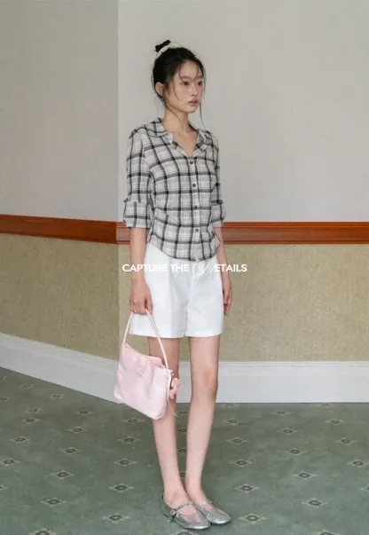 Plaid Shirt with Rolled Sleeves and Button Front