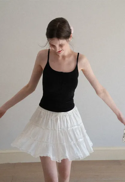 Tiered lace hem drawstring waist skirt