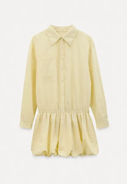 Button Front Shirt Dress with Pleated Pocket and Elastic Waist