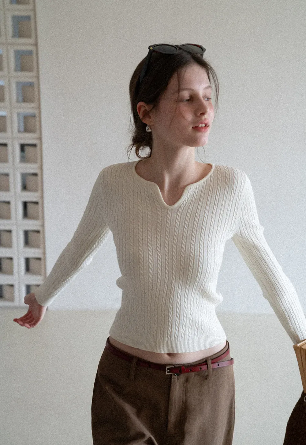 V Neck Cable Knit Sweater Top