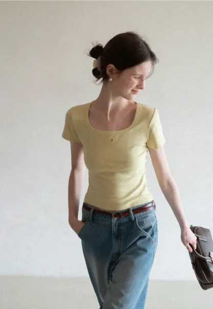 Short Sleeve Crop Top with Square Neckline