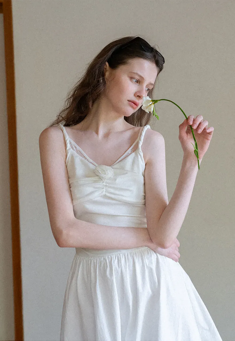 Sleeveless V Neck Midi Dress with Ruched Bodice