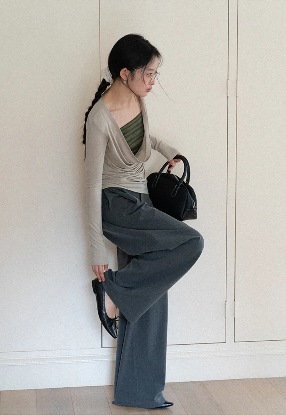 Long sleeve draped neckline top with square cutout