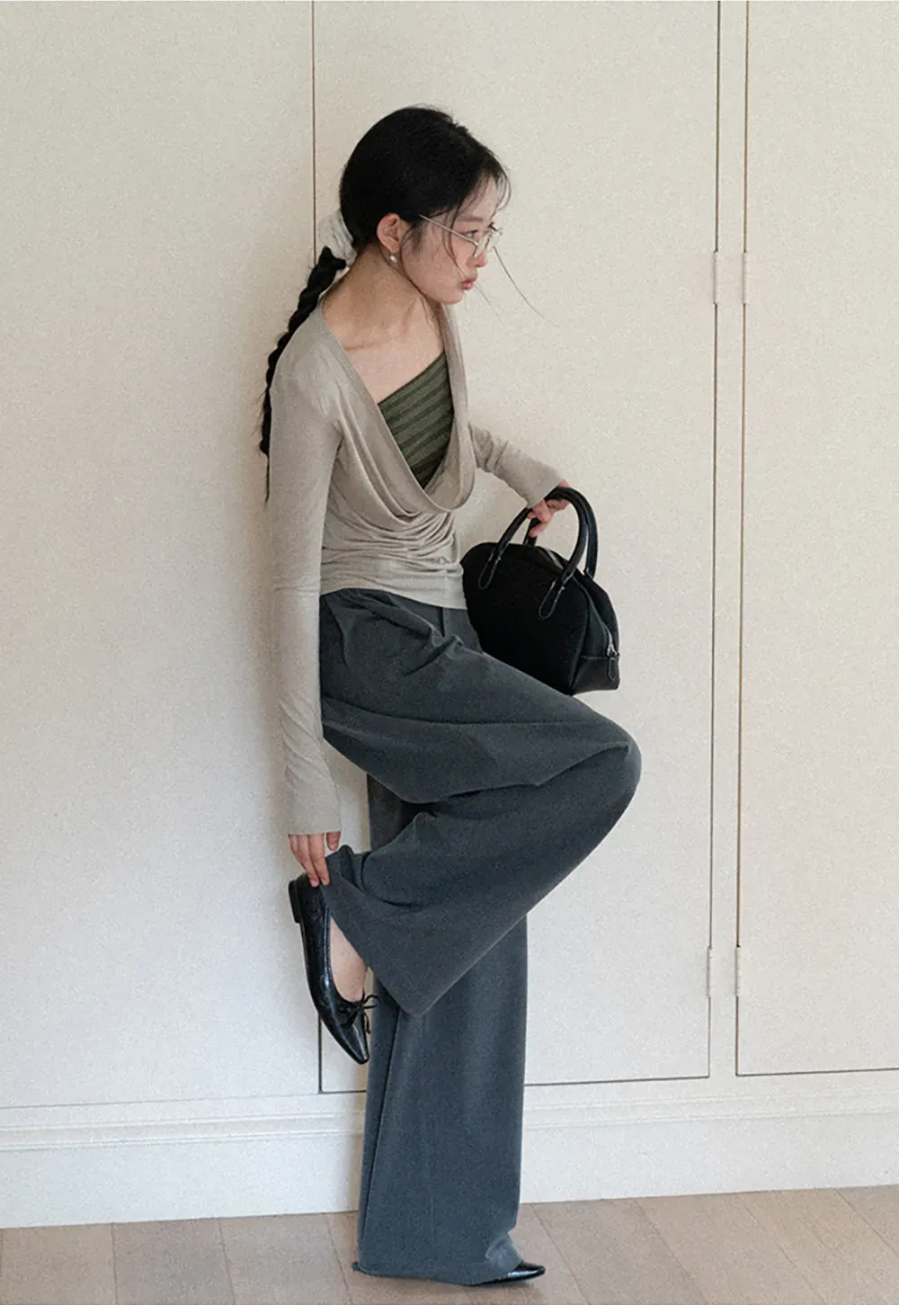 Long sleeve draped neckline top with square cutout